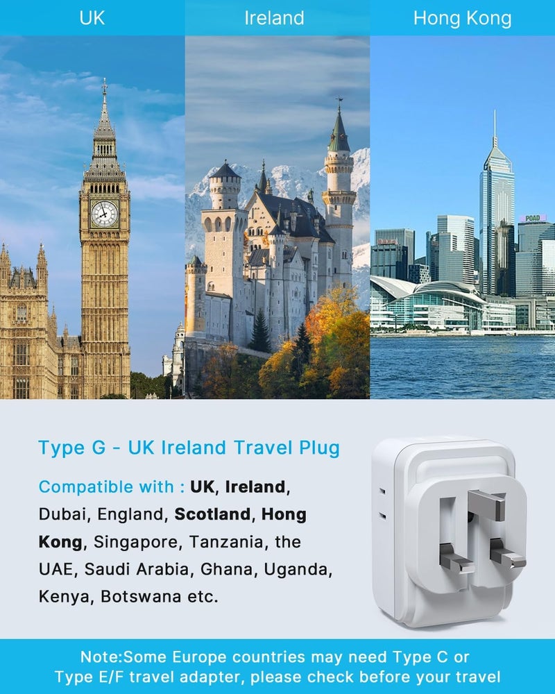 VINTAR 2 Pack US to UK Plug Adapter, Foldable UK Adapters for Travel, Type G Adapter for Travel with 4 Outlets and 3 USB(2 USB C Ports) for USA to Ireland England Scotland London Dubai Singapore - Image 3